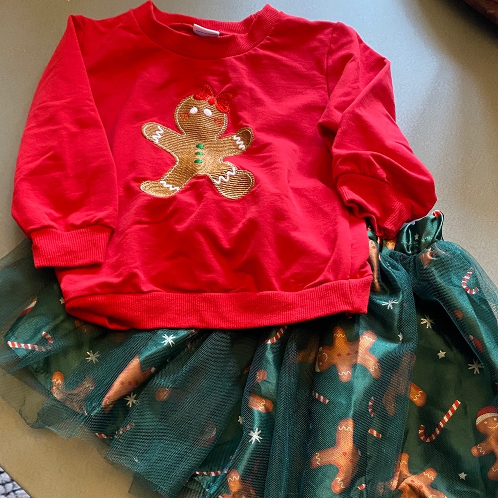Festive Red Gingerbread Sweater with Green Tulle Skirt